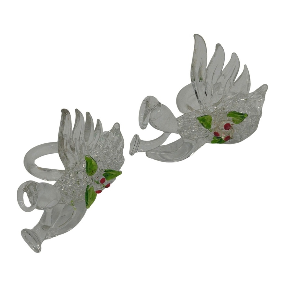Vintage Spun Glass Swan Napkin Rings Set 2 Christmas Holly Berry Trumpet Clear